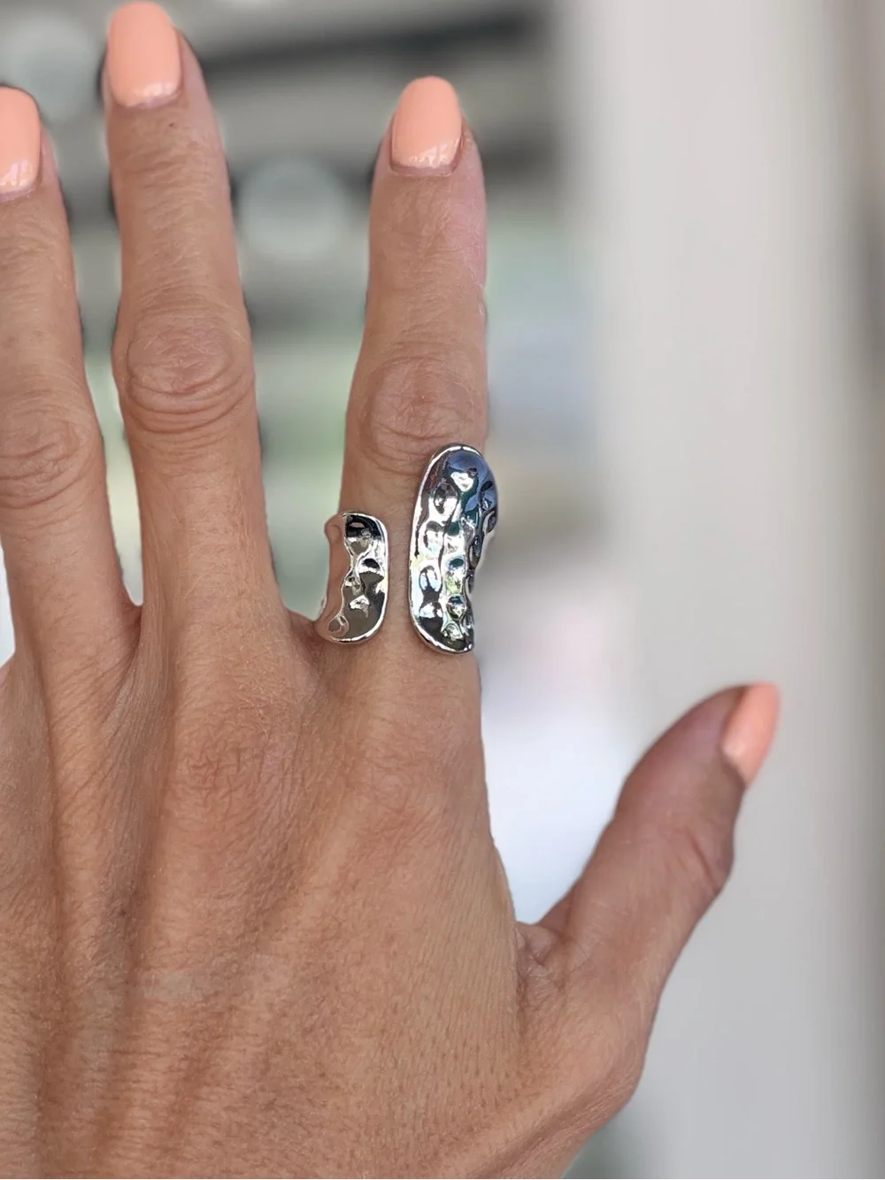 Silver Open Wrap Hammered Texture  Statement Ring Adjustable